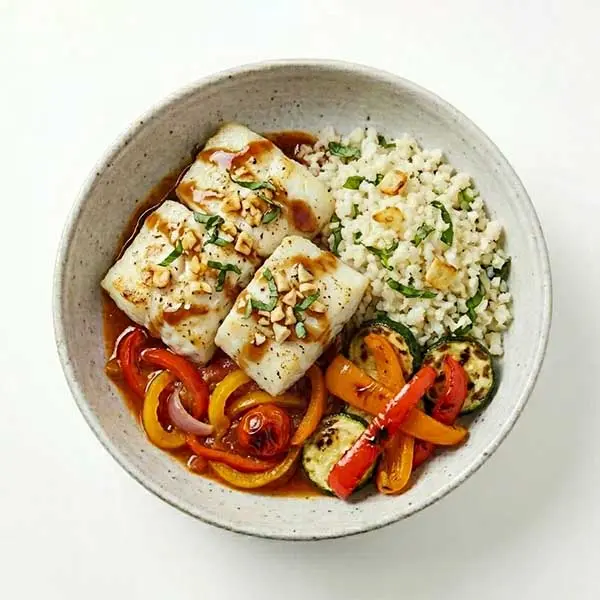 Baked Fish With Garlic, Basil & Vegetable Peperade